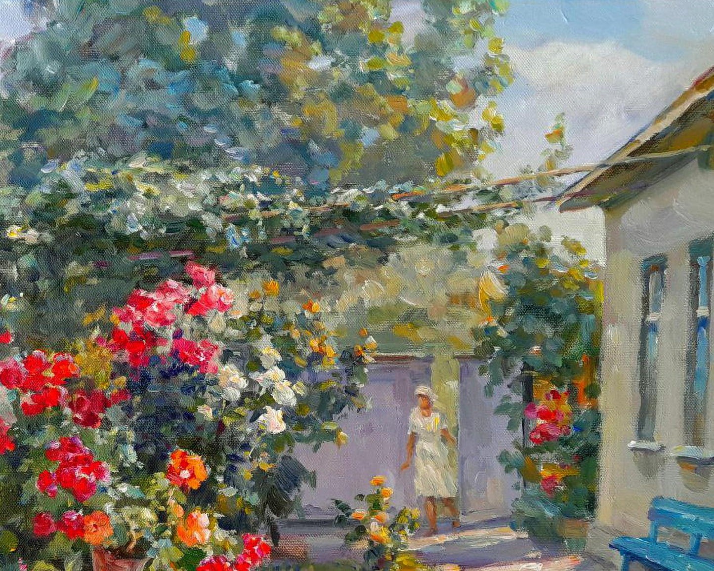 Oil painting Under the arch of peace by Ivan Kovalenko: woman in white dress in sunlit rose garden