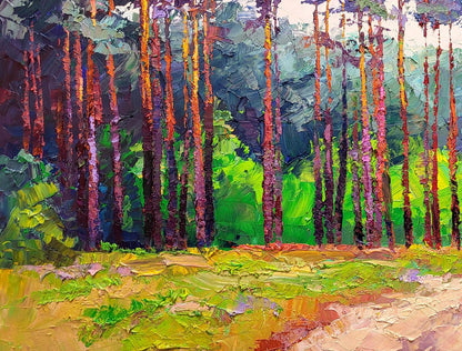 Vibrant impressionist oil painting of forest road by Boris Serdyuk