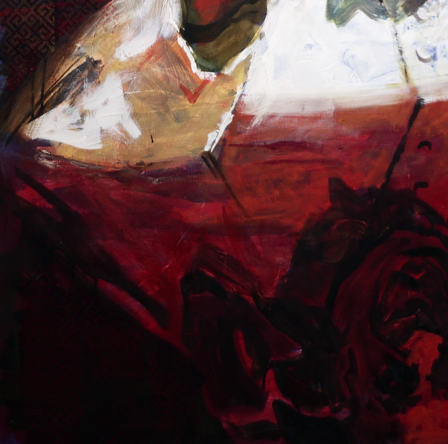 Oil painting Ablution by Ed Potapenkov with bold red, black, white, gold, green strokes