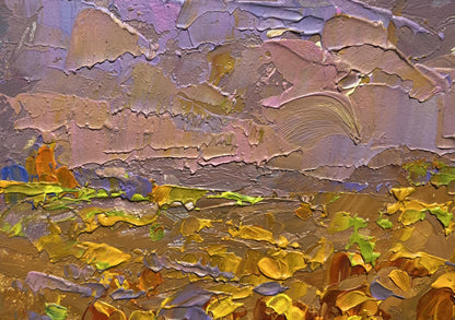 Oil painting of sunflower field by Oleksiy Ivanyuk in impasto golds and purples