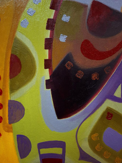 Vibrant Caribbean jazz oil painting by Sergiy Voichenko with bold yellow, purple, red shapes