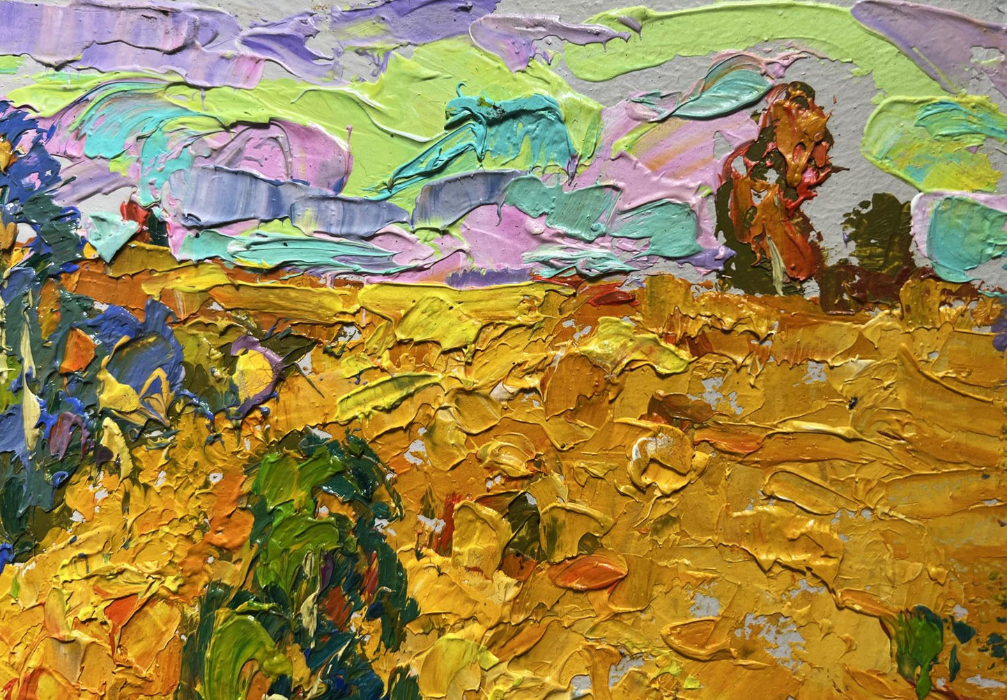 Vibrant impressionist oil painting Golden field among trees by Oleksiy Ivanyuk