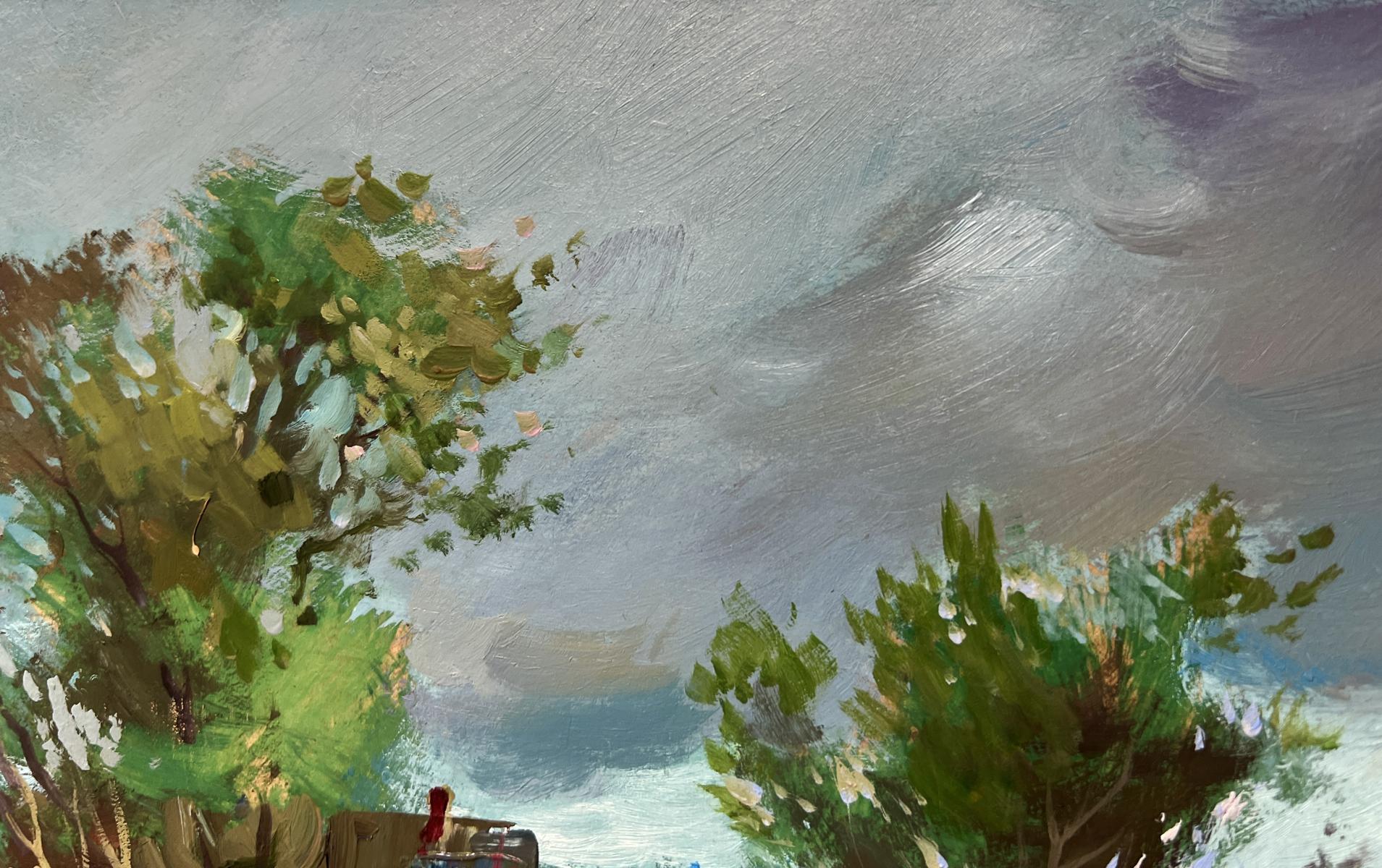 Oil painting On the outskirts of the village by Yuriy Suprunchuk, lush green trees, cloudy sky