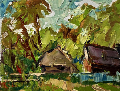 Vibrant impressionist oil painting Behind the Yard by Oleksiy Ivanyuk, rustic cabin in lush trees