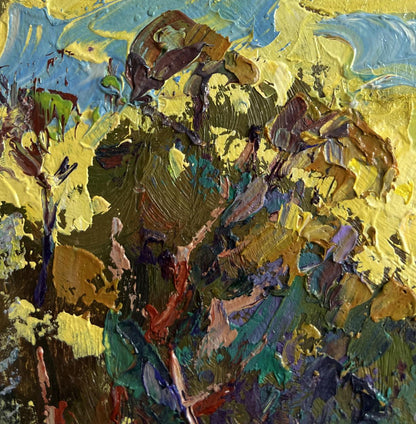 Vibrant impressionist oil painting of village near forest by Oleksiy Ivanyuk