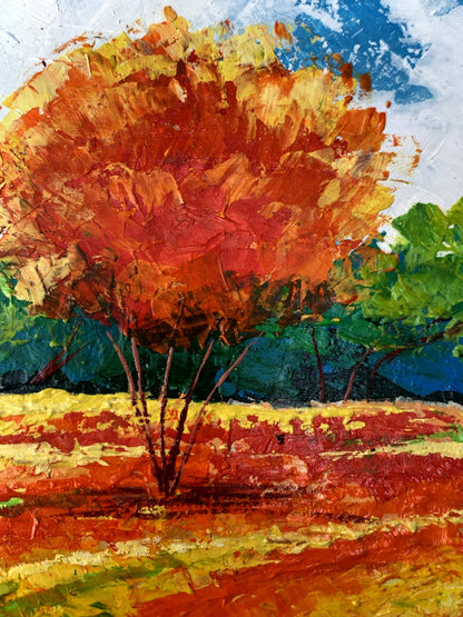 Vibrant oil painting of fiery orange tree by V. Zadorozhnya against blue sky