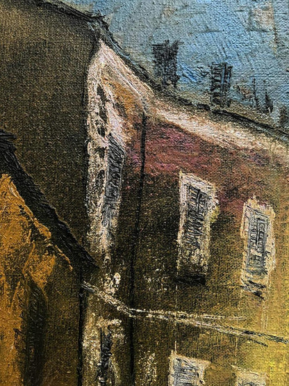 Oil painting Unchanging by Serhiy Kovalev: textured brown ochre building blue sky