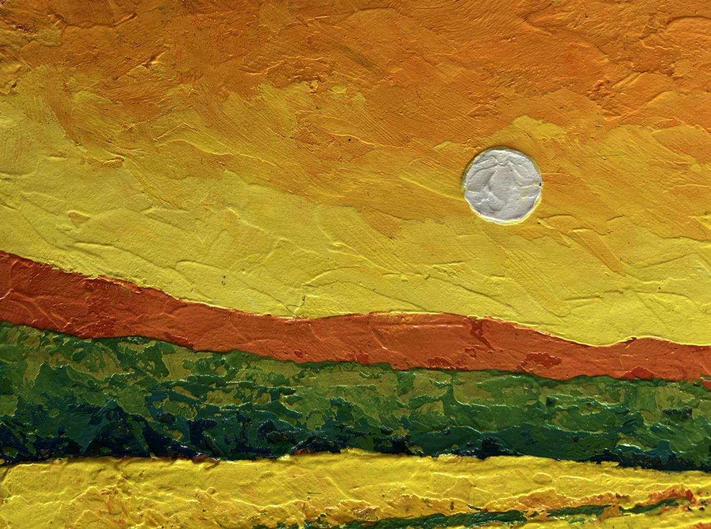 Oil painting Summer silence with sunset by V. Zadorozhnya, textured sun canvas