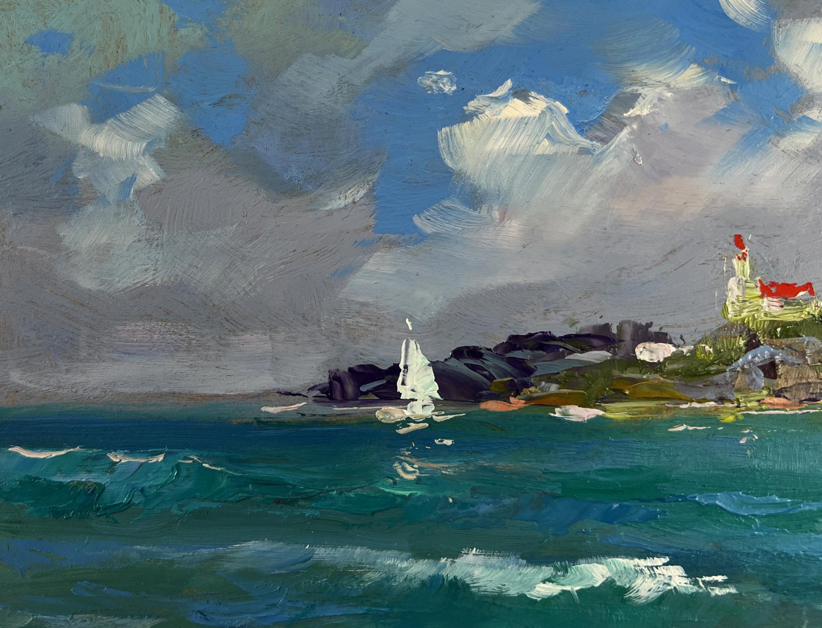 Oil painting of sailboat on turquoise sea with rocky shore by Yuri Suprunchuk