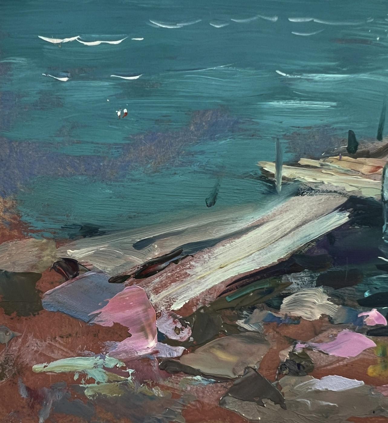 Weathered gray plank amid colorful debris on seashore in Yuriy Suprunchuk oil painting