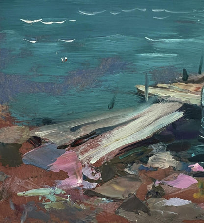 Weathered gray plank amid colorful debris on seashore in Yuriy Suprunchuk oil painting