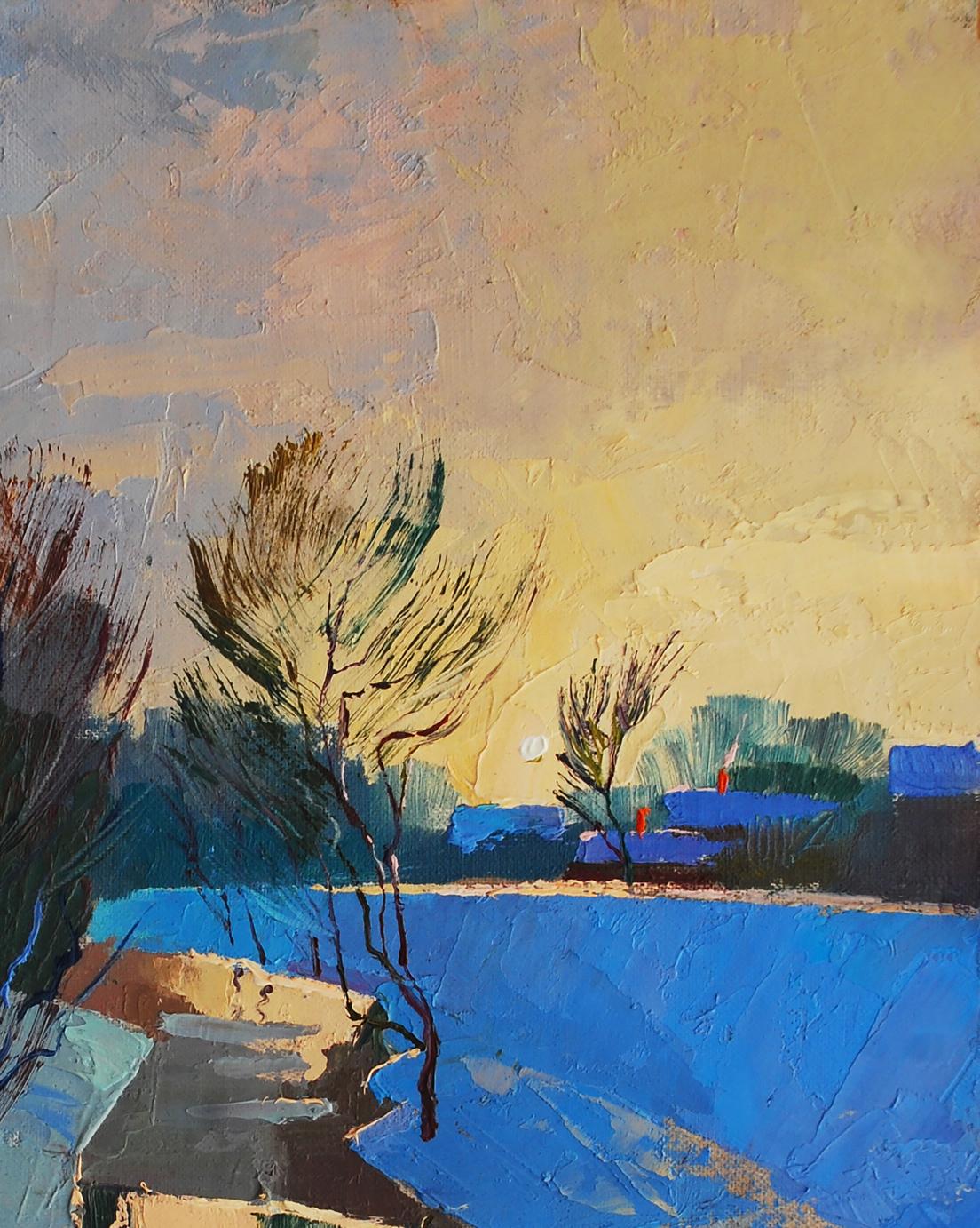 Textured impressionist oil painting of winter evening silence in snow by Egor Shvachunov