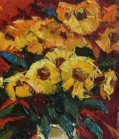 Vibrant yellow sunflowers oil painting by Oksana Ivanyuk on red background