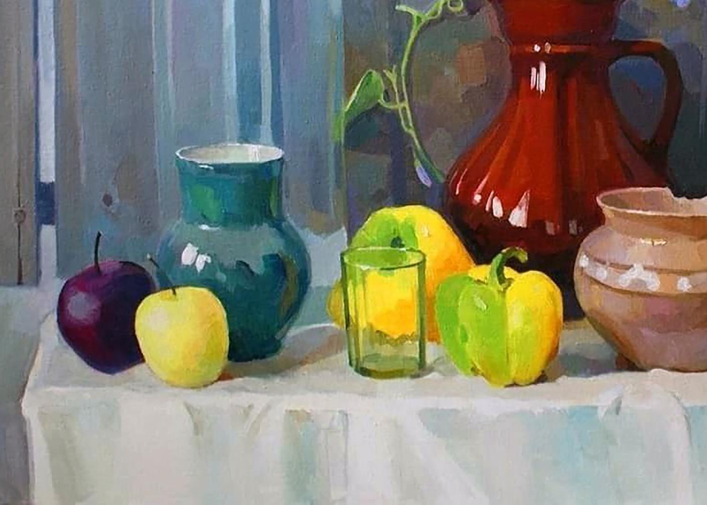 Vibrant red ceramic pitcher in Anastasia Yaroshevich oil painting still life