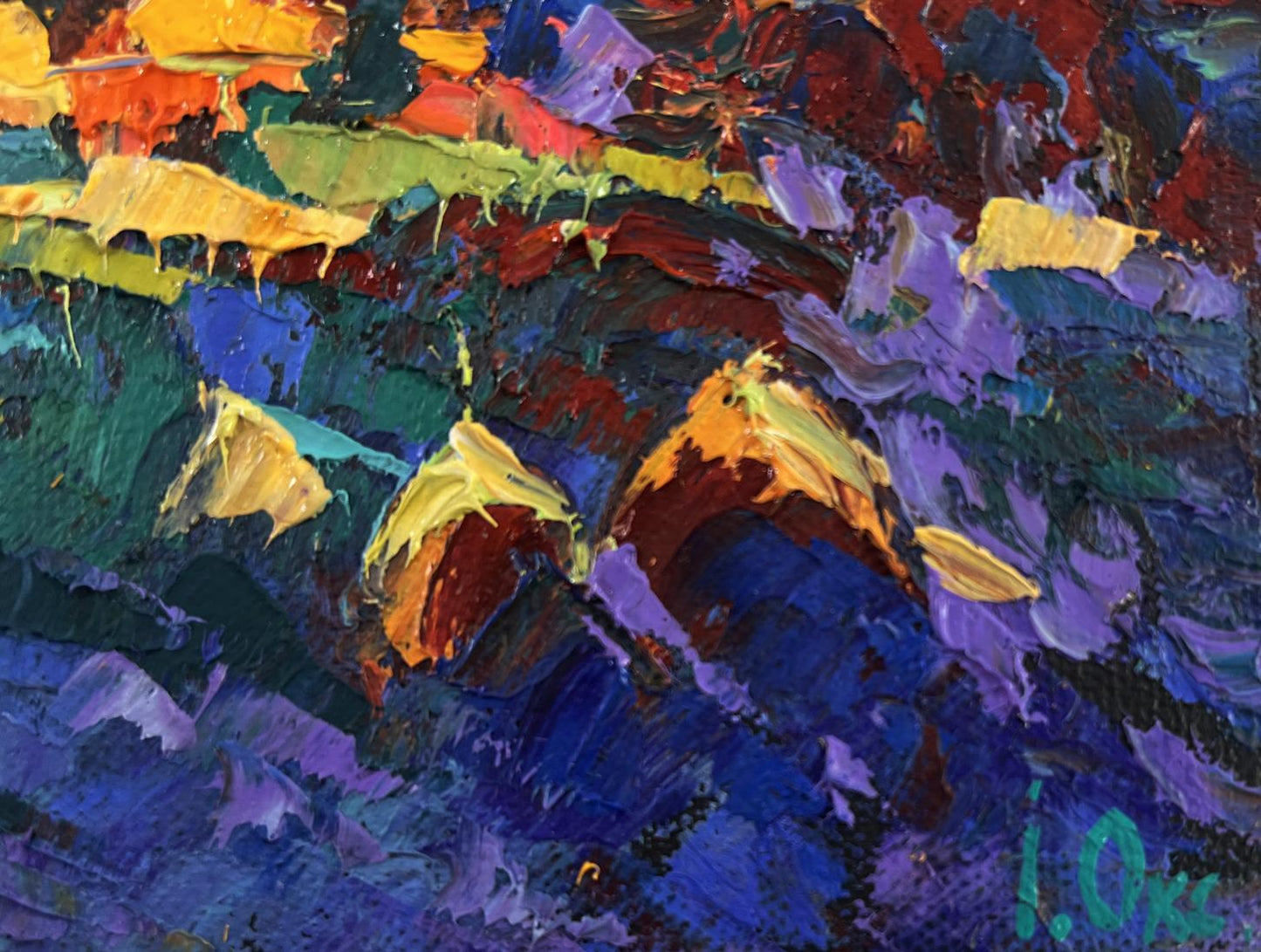 Vibrant abstract oil painting Fires ignite darkness and silence by Oksana Ivanyuk