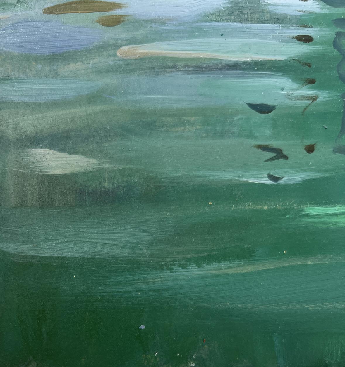 Abstract teal green earth tone oil painting Where boats sleep at the pier by Yuriy Suprunchuk