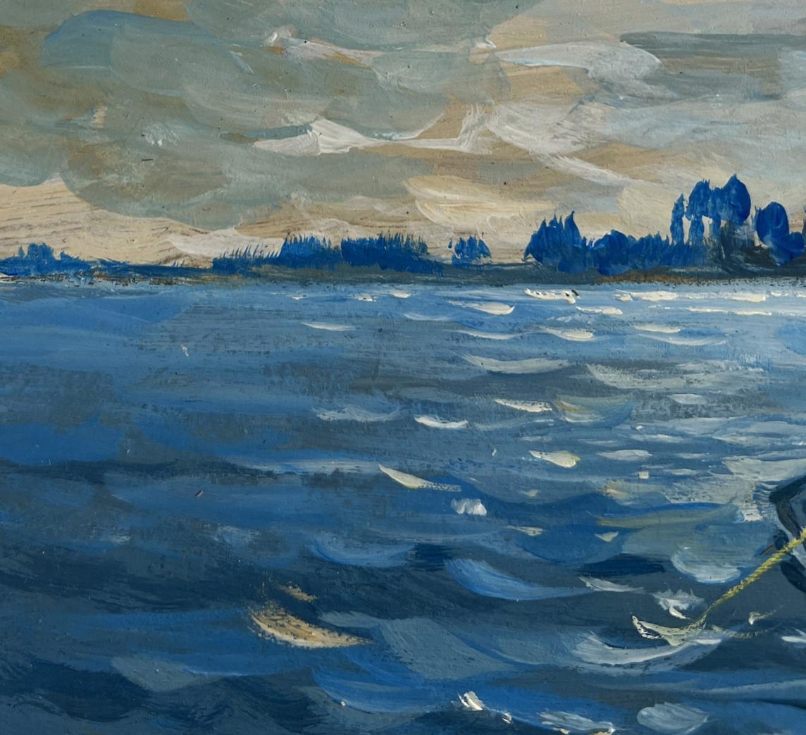 Oil painting In the evening in a boat by Yuriy Suprunchuk serene blue water