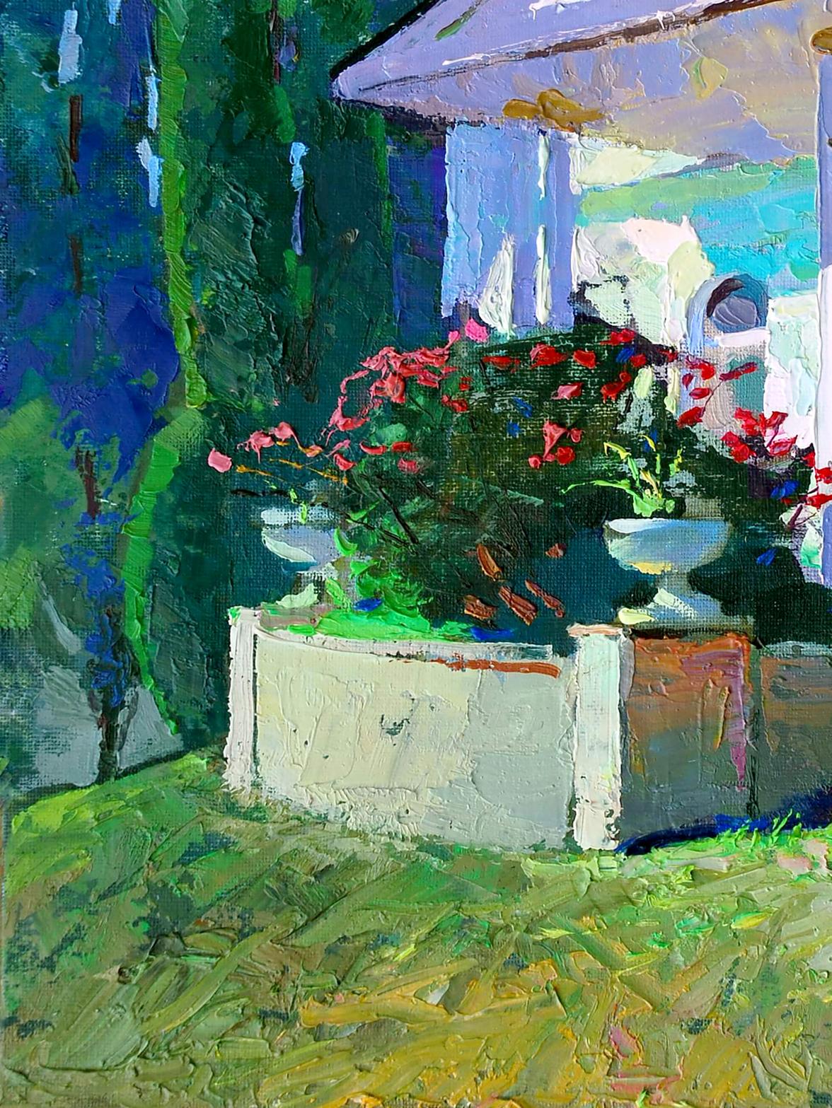 Vibrant impressionist oil painting Summer sketch by Egor Shvachunov with red pink flowers