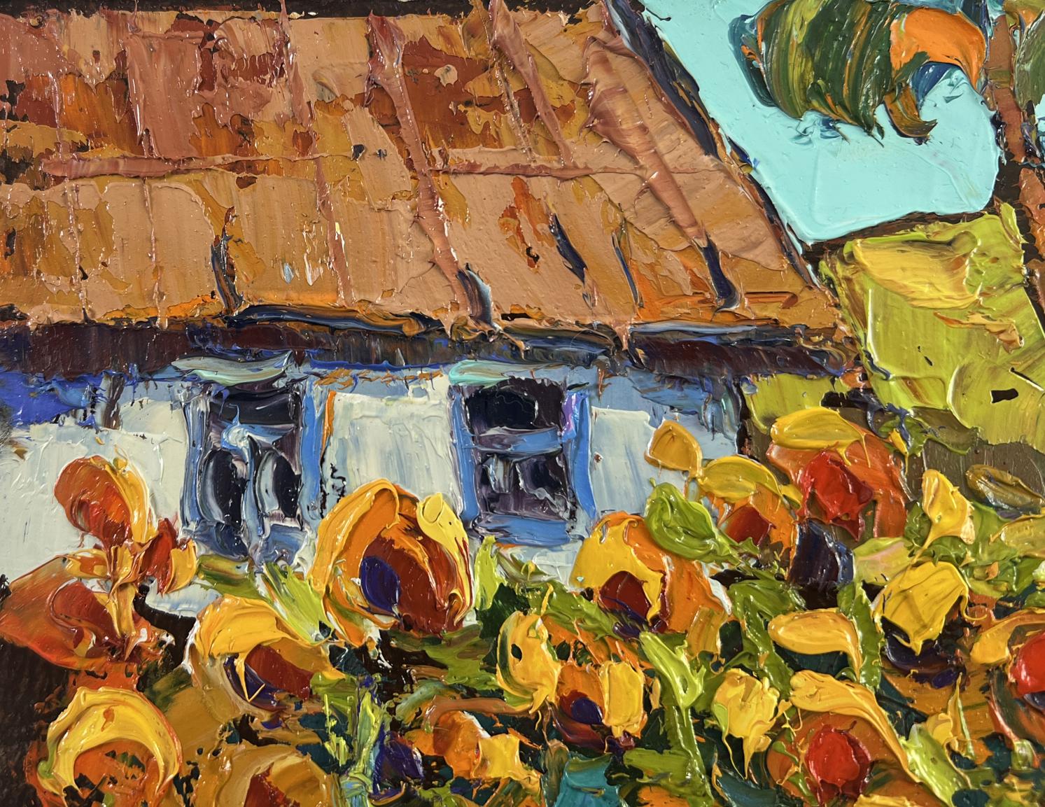 Oil painting Yellow song of summer by Oksana Ivanyuk with thatched house