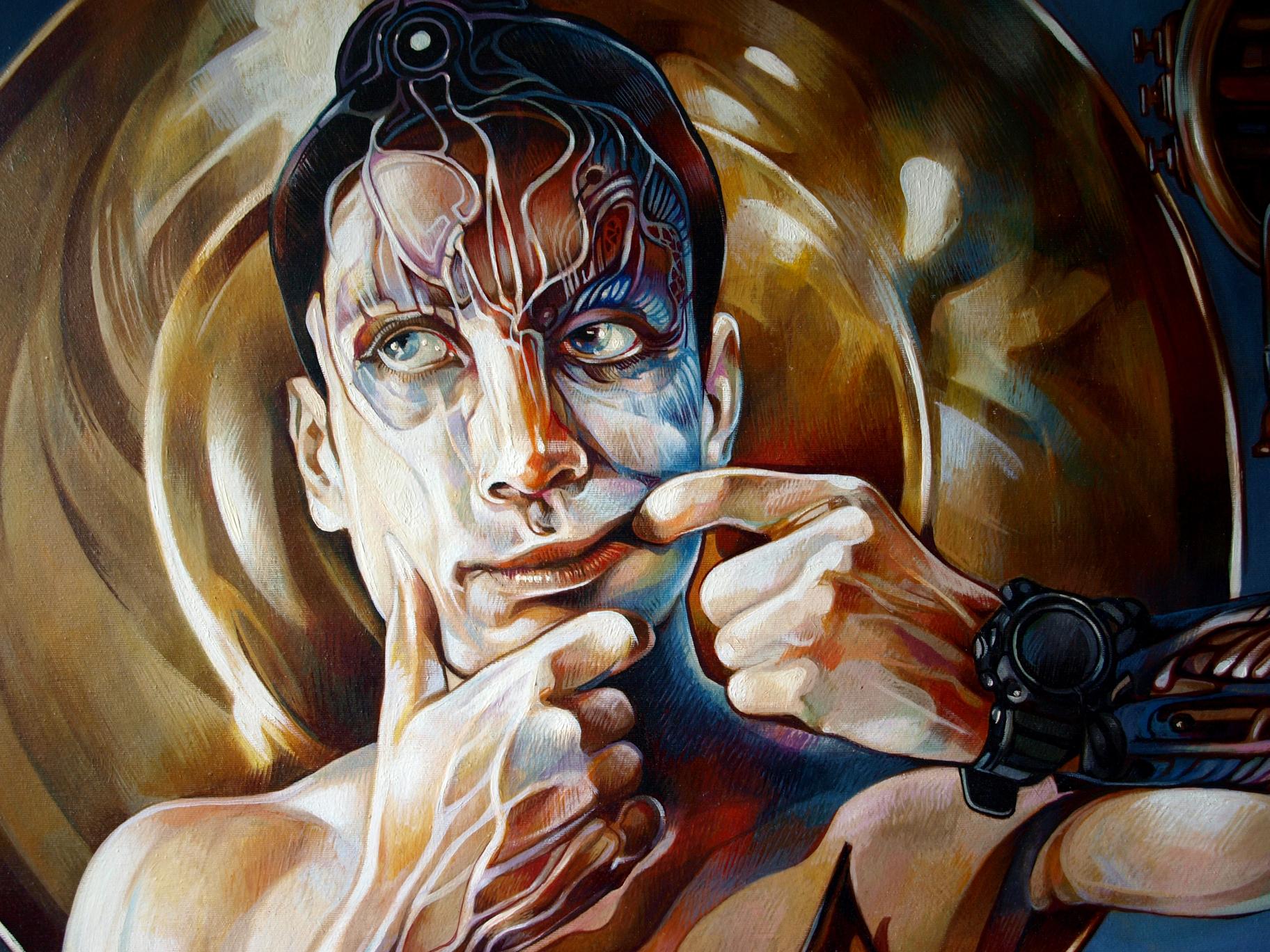 Surreal oil painting Horns in my head by Konsta G. Amelinn with glowing neural face