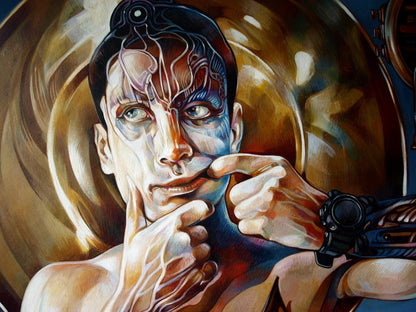 Surreal oil painting Horns in my head by Konsta G. Amelinn with glowing neural face