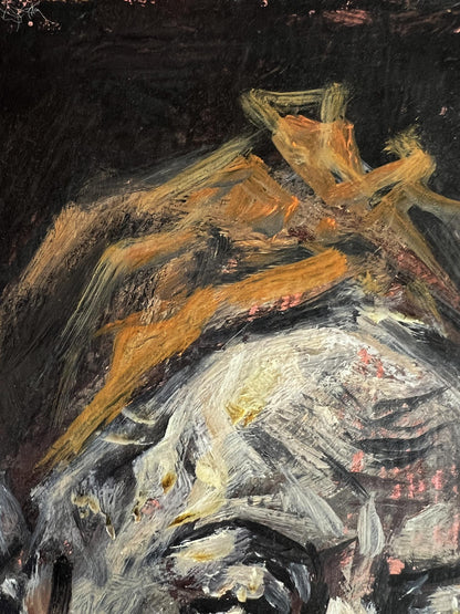 Oil painting portrait of man Alexander Litvinov in abstract orange-gray tones