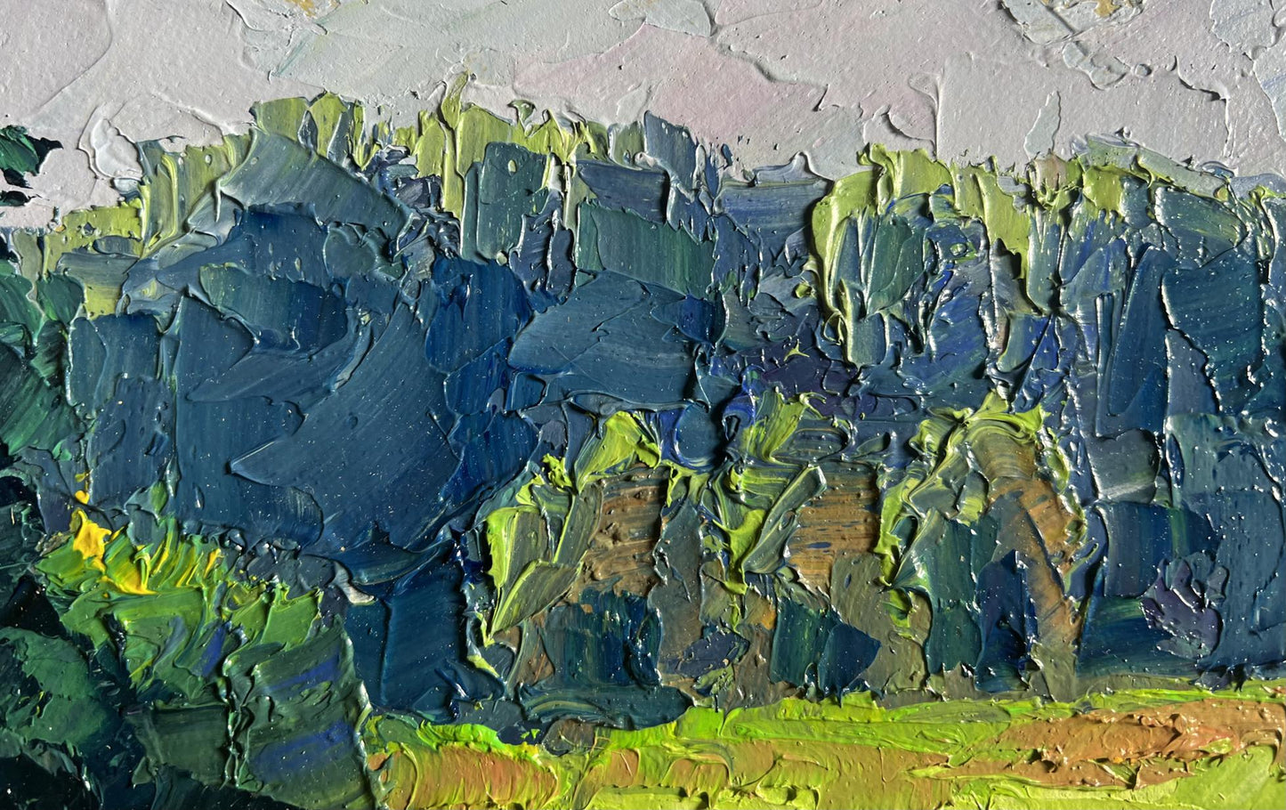 Oil painting The storks have arrived by Boris Serdyuk in blues and greens