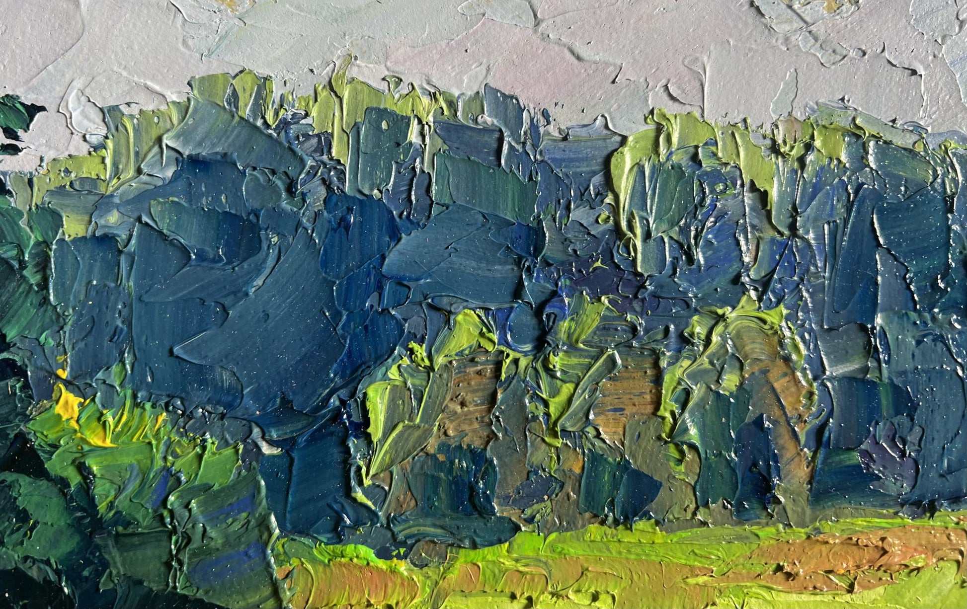 Oil painting The storks have arrived by Boris Serdyuk in blues and greens