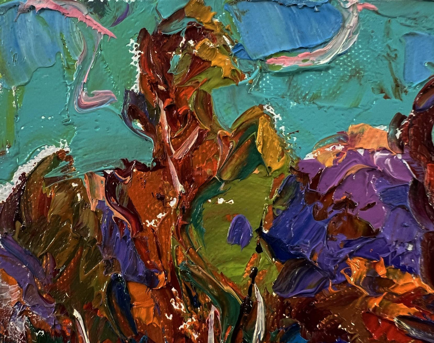 Vibrant Evening Forest oil painting by Oleksiy Ivanyuk in teal hues