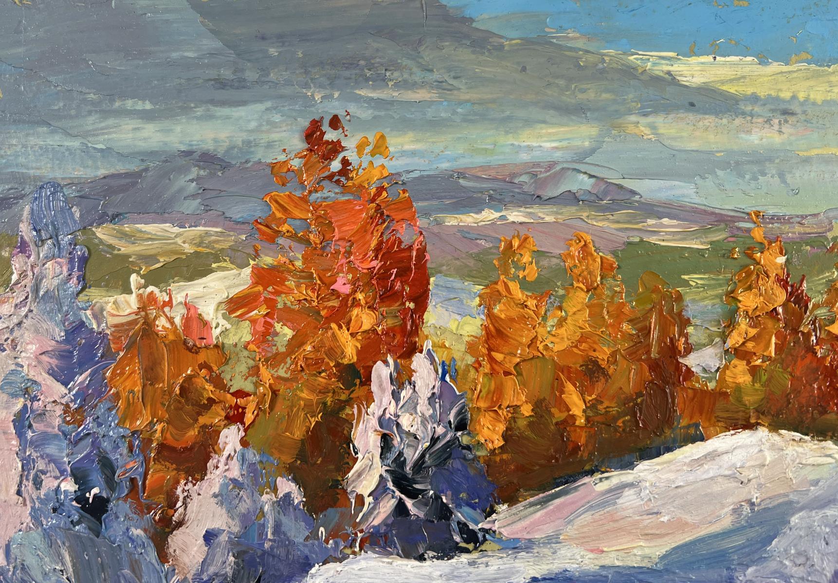 Oil painting The silence of winter by Boris Serdyuk with vibrant autumn trees