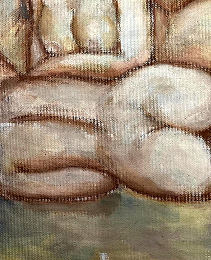 Textured oil painting of female figure relaxing, lower body in beige tones by Tatyana Nikolsk
