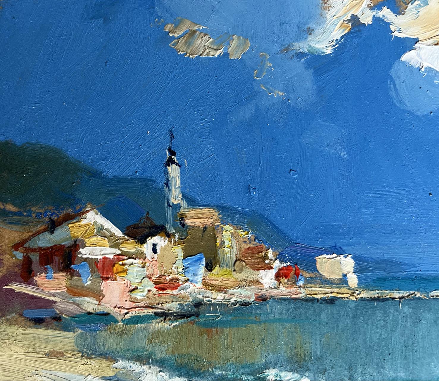 Vibrant impressionist oil painting of coastal village by Yuriy Suprunchuk