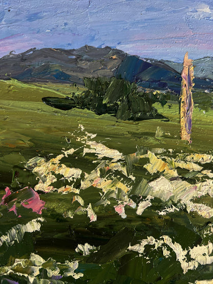 Vibrant impressionist oil painting of flowering mountain fields by Boris Serdyuk