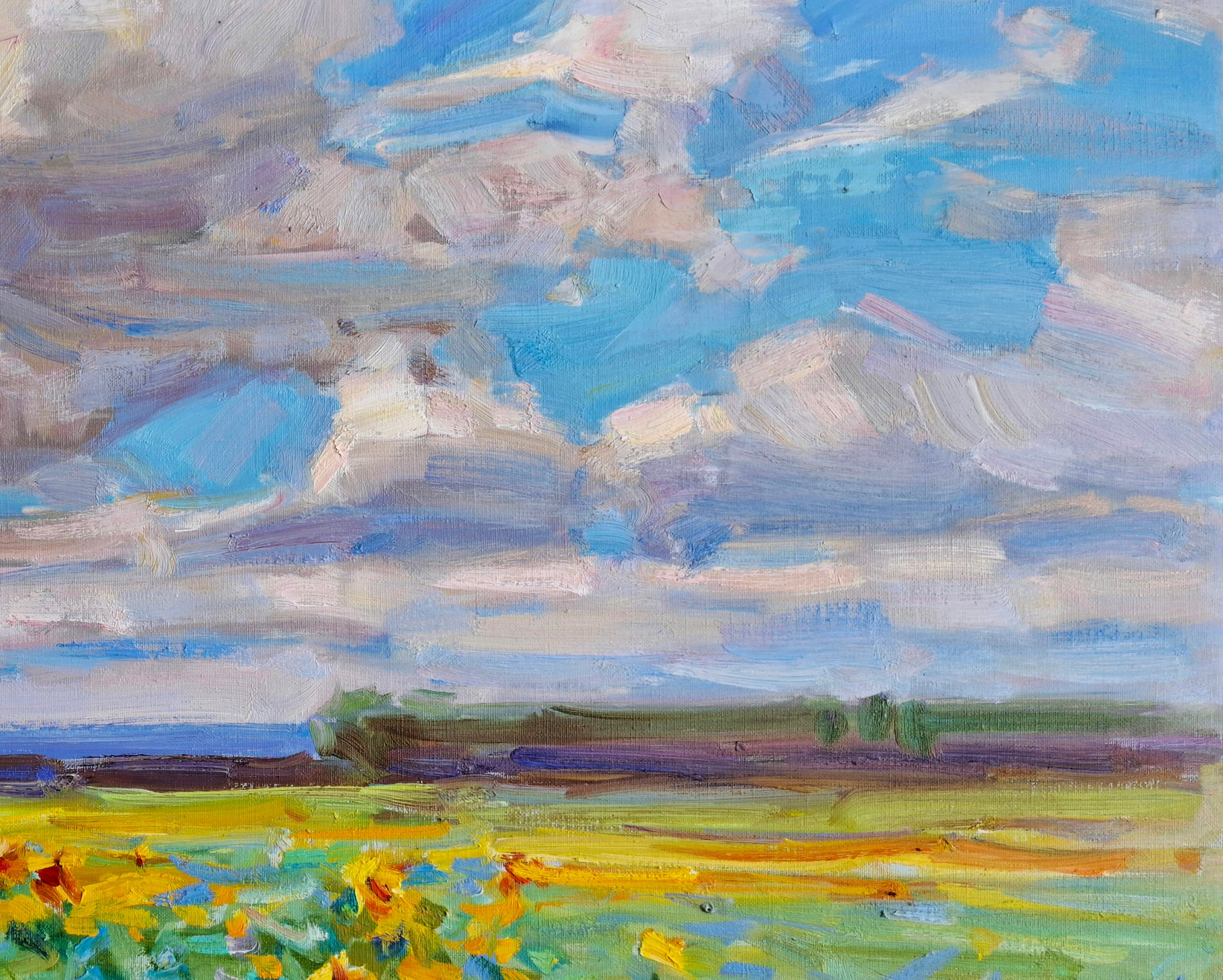 Vibrant impressionist sunflower field painting by Pereta Vyacheslav Oli