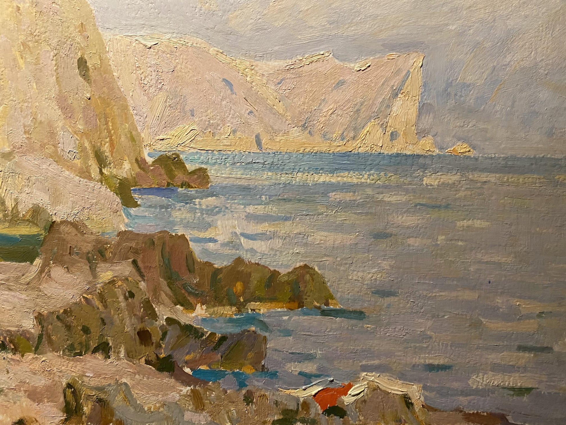 Oil painting Evening in Sudak by Nikolai Fedorovich Bortnikov, coastal cliffs