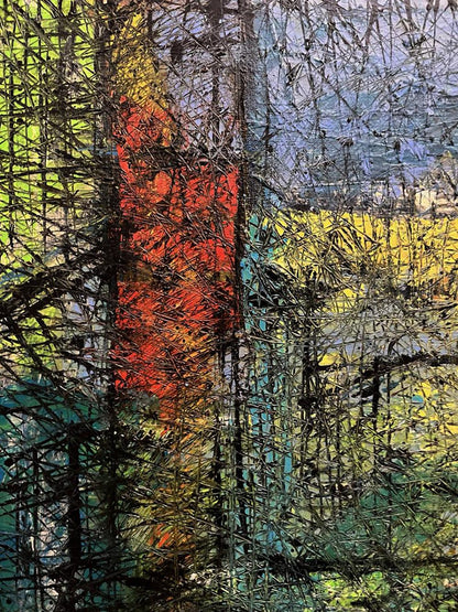 Oil painting Episode by Serhiy Kovalev: bold red, yellow, blue strokes on black textured lines