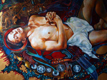 Surreal oil painting Overcoming the Singularity by Konsta G. Amelinn: nude man in mechanical landscape