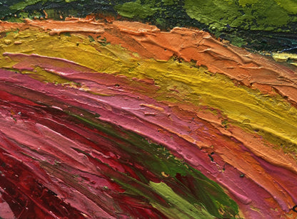 Vibrant oil painting of sunset behind forest mountains by V. Zadorozhnya