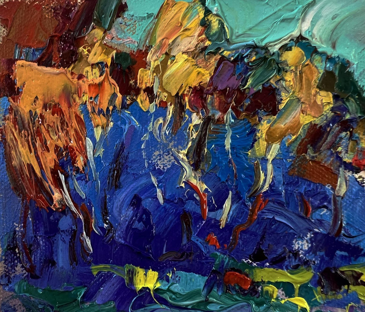 Vibrant oil painting Autumn blue forest by Oksana Ivanyuk