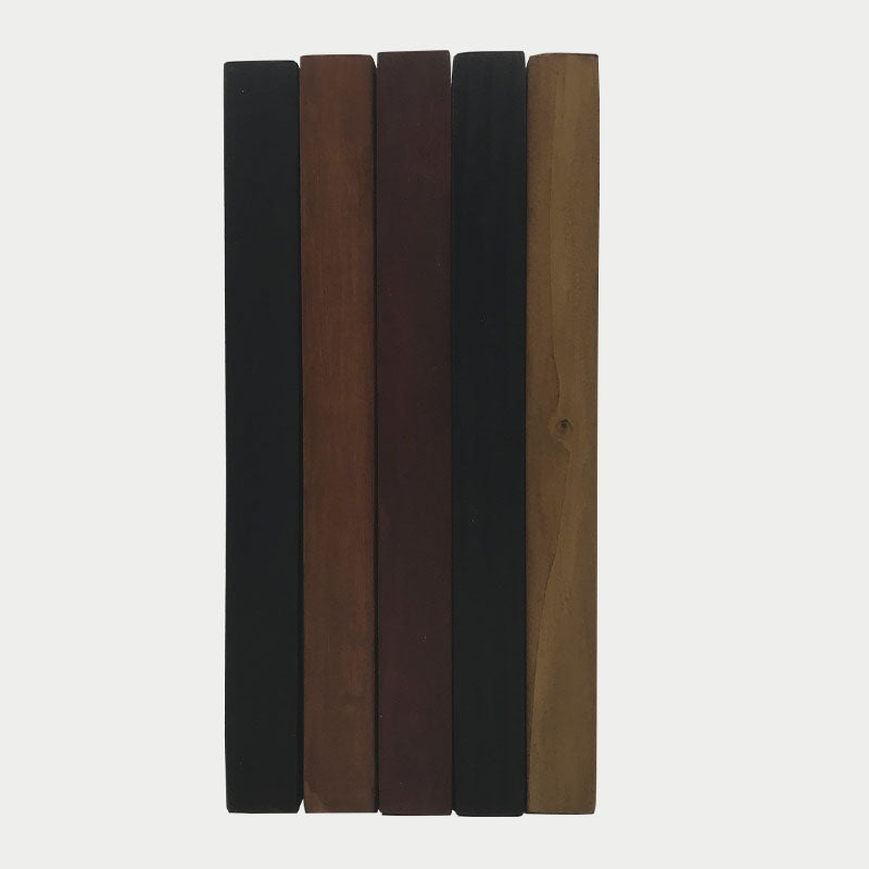 Five custom wooden frame sticks in dark brown, black, natural tones