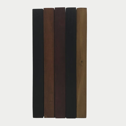 Five custom wooden frame sticks in dark brown, black, natural tones