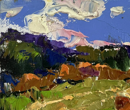 Vibrant impressionist oil painting Haystacks in a field by Oksana Ivanyuk