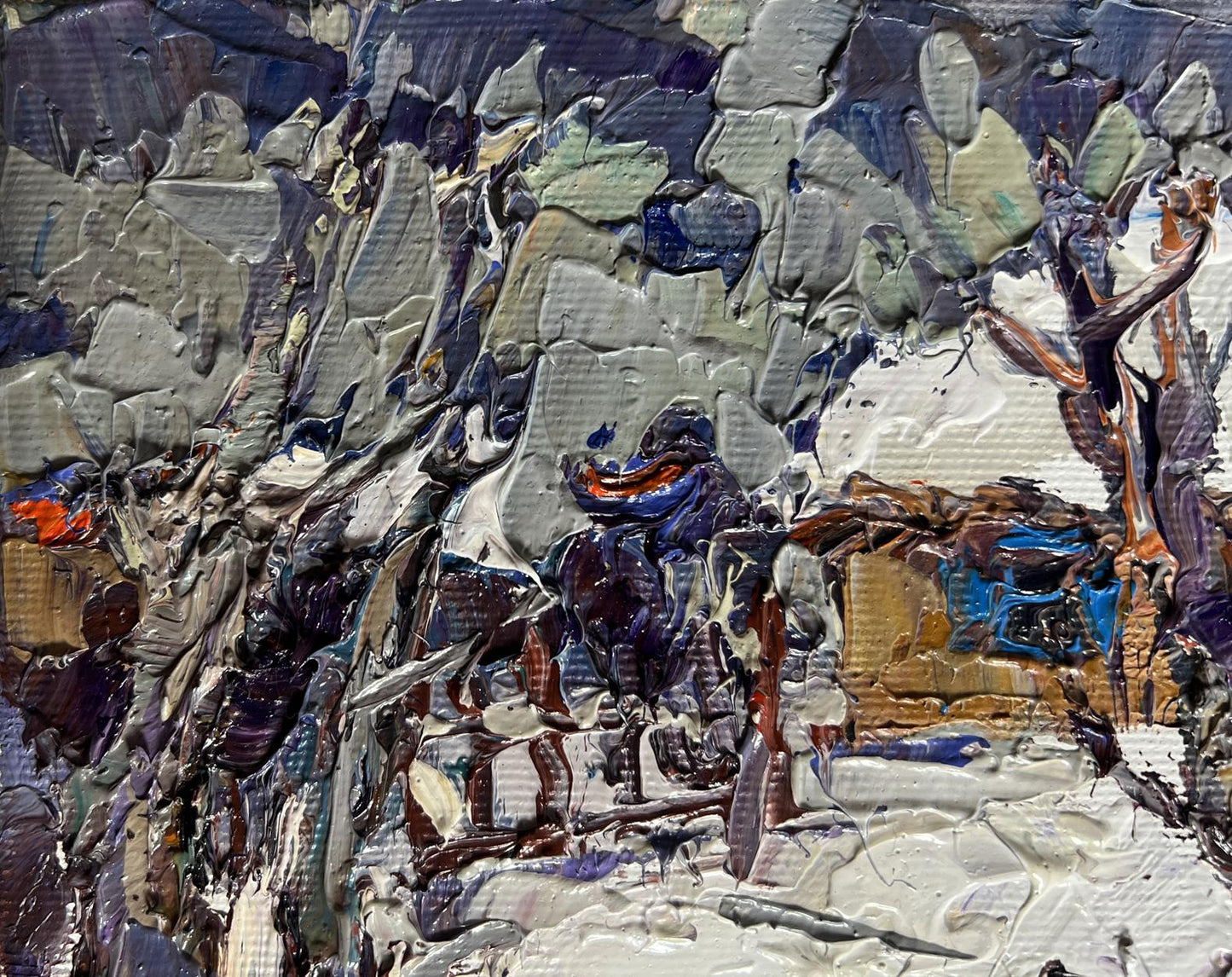 Oil painting of bullfinch in yard by Oksana Ivanyuk, abstract impasto grays