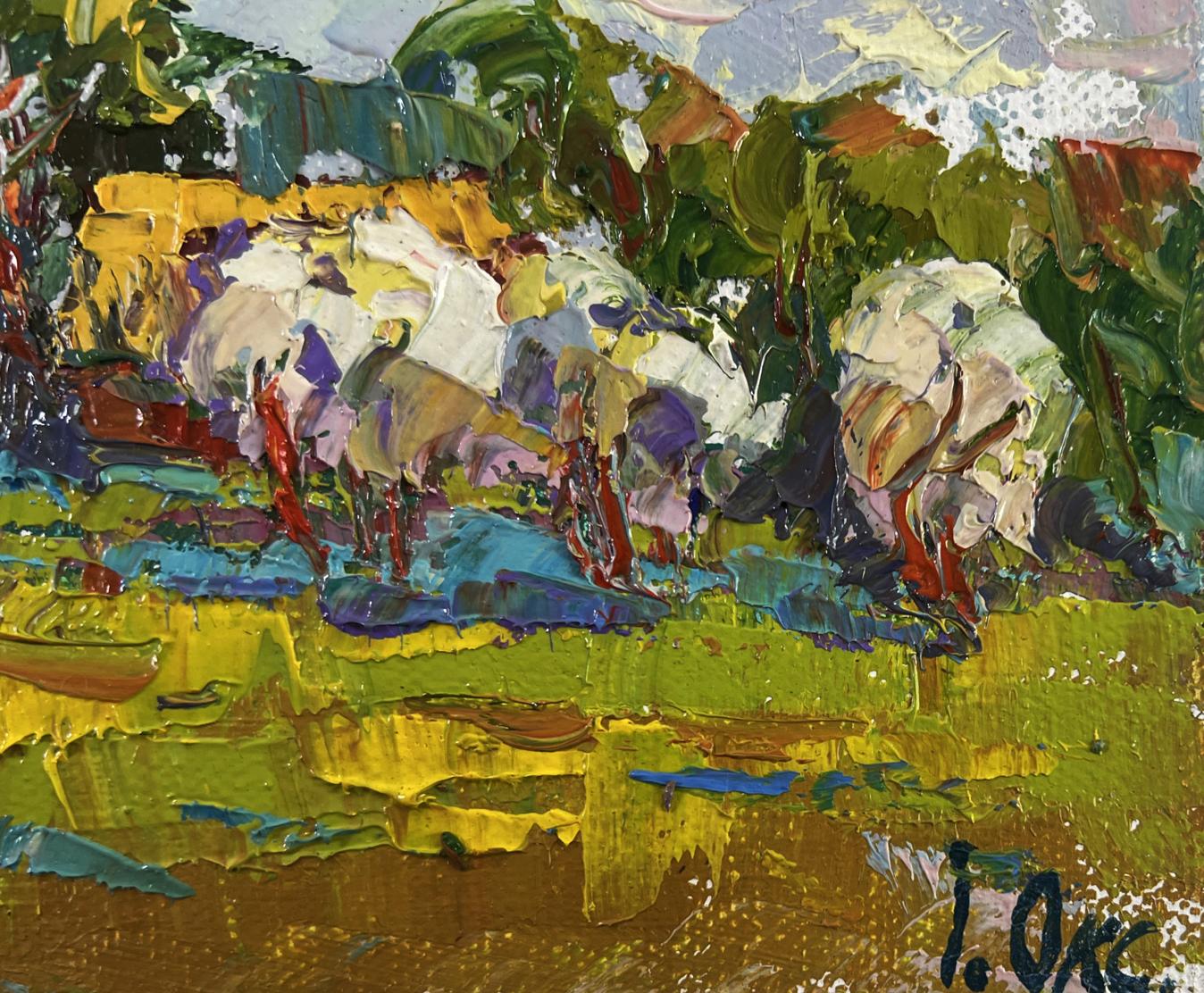 Vibrant impressionist oil painting of sheep grazing in lush field with clouds by Oksana Ivanyuk