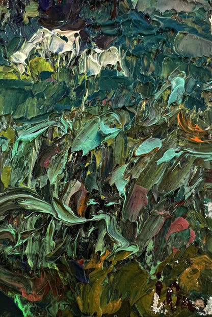 Oil painting The moon shines over the field by Oleksiy Ivanyuk in teal and green
