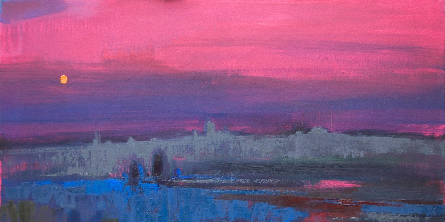 Oil painting Field In The Fog by Natalia Korf-Ivaniuk with pink purple sky