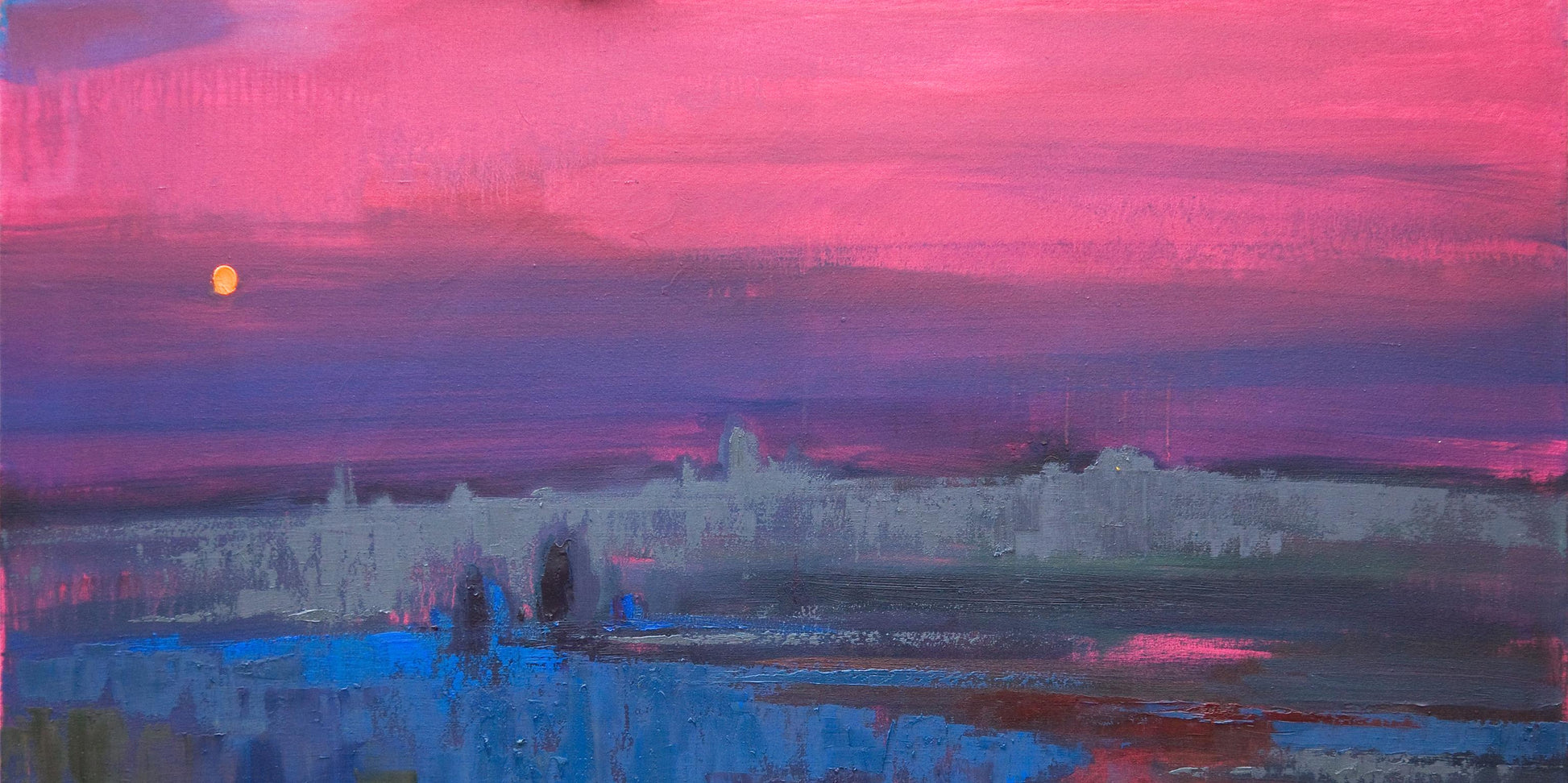 Oil painting Field In The Fog by Natalia Korf-Ivaniuk with pink purple sky