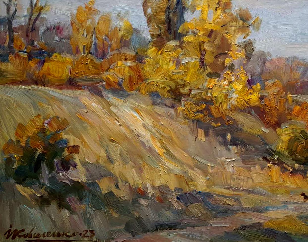 Autumn park oil painting by Ivan Kovalenko with bold yellow orange foliage