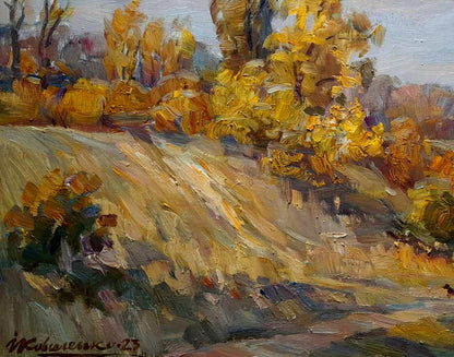 Autumn park oil painting by Ivan Kovalenko with bold yellow orange foliage