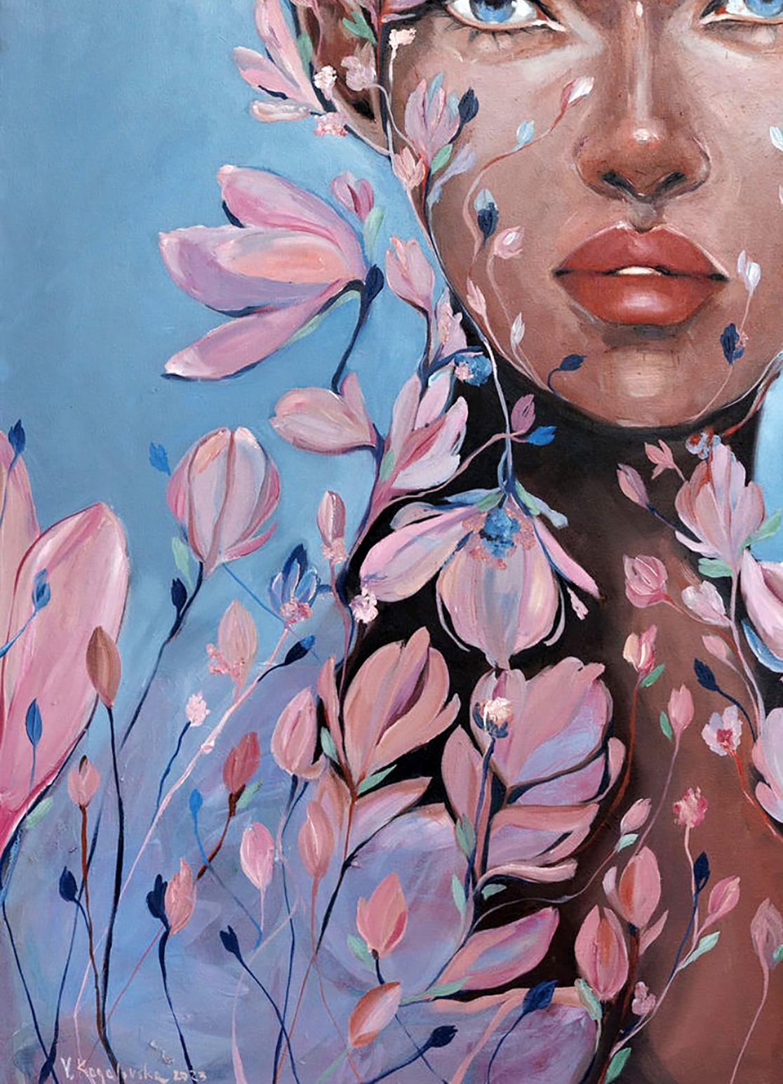 Oil painting Transformation Victoria Kagalovska: woman with pink blossoms on blue background